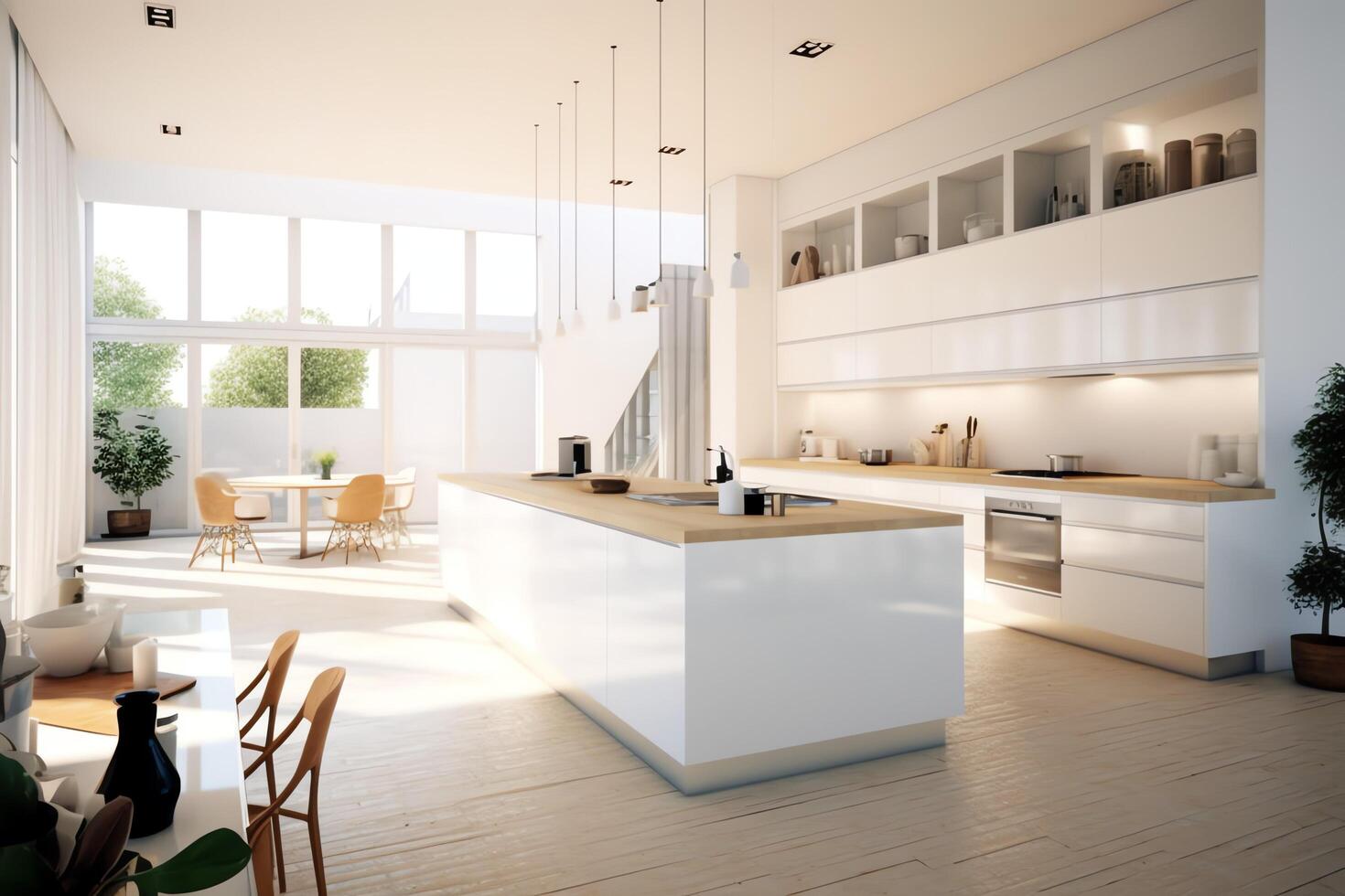 Modern kitchen interior design in apartment or house with furniture. Luxury kitchen home scandinavian concept by photo