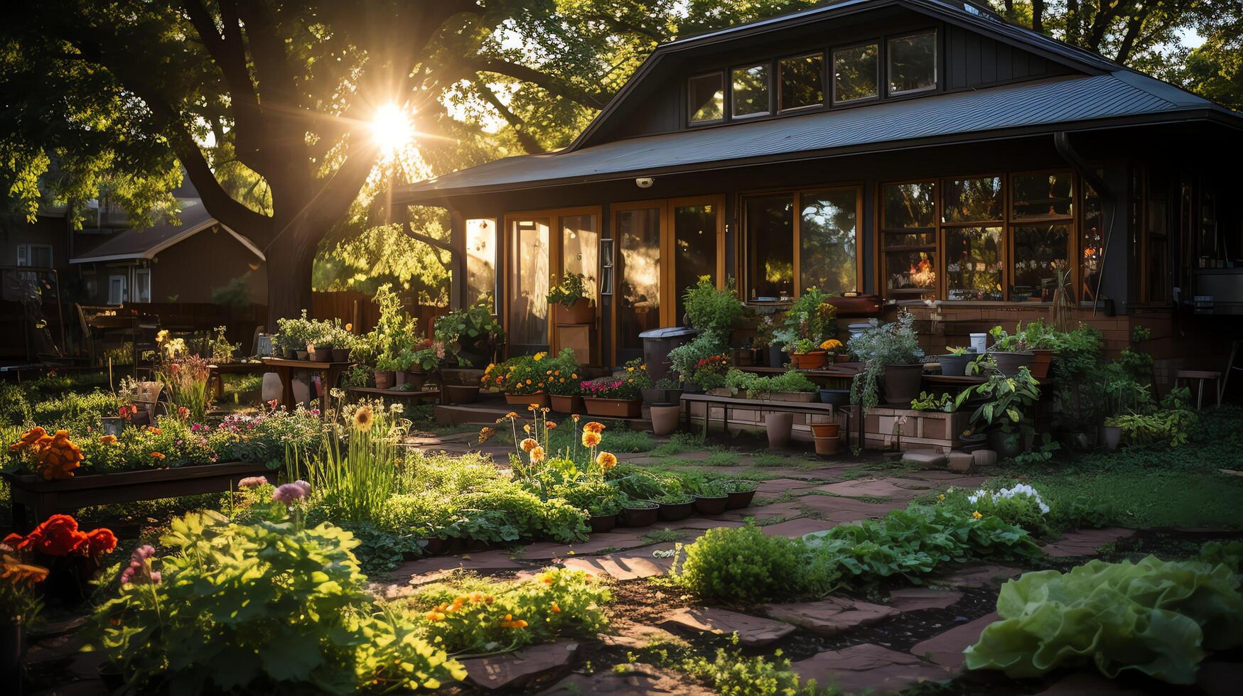 Wooden house in village with plants and flowers in backyard garden. Garden and flower on rural house concept by photo