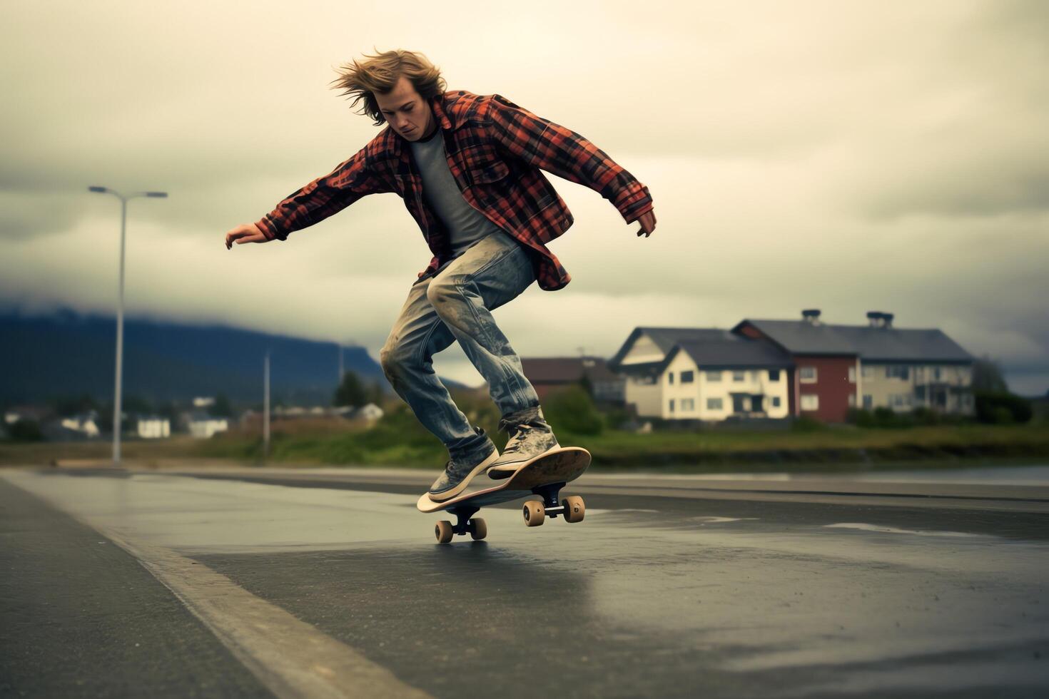 A caucasian man doing tricks or jumping on a skateboard at the street. Young man with skater jumping concept by photo