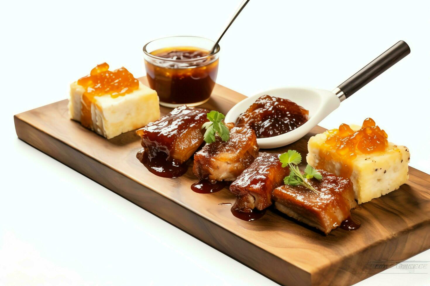 Pork belly braaivleis with mango and chili sauce served on a wooden plank. Restaurant food concept by AI Generated photo