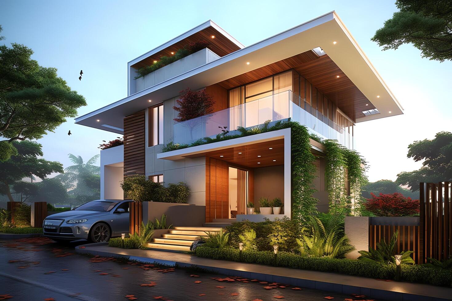 Beautiful modern house exterior with carport. Modern residential district and minimalist building concept by photo