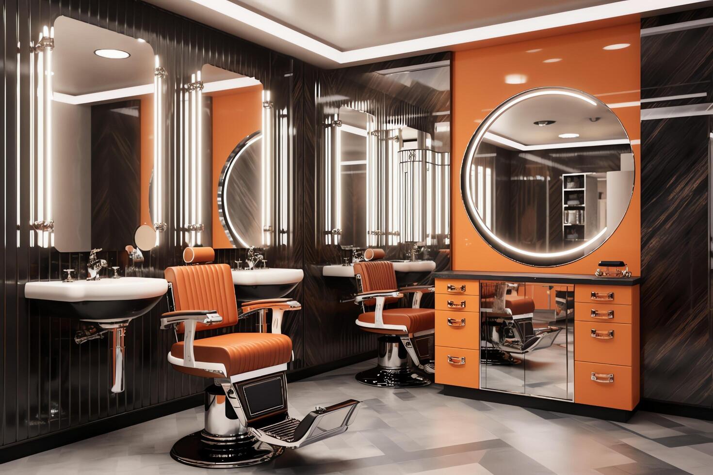 moderno barbería interior con espejos silla y otro equipo cerca ventanas sillas en barbería concepto por ai generado foto