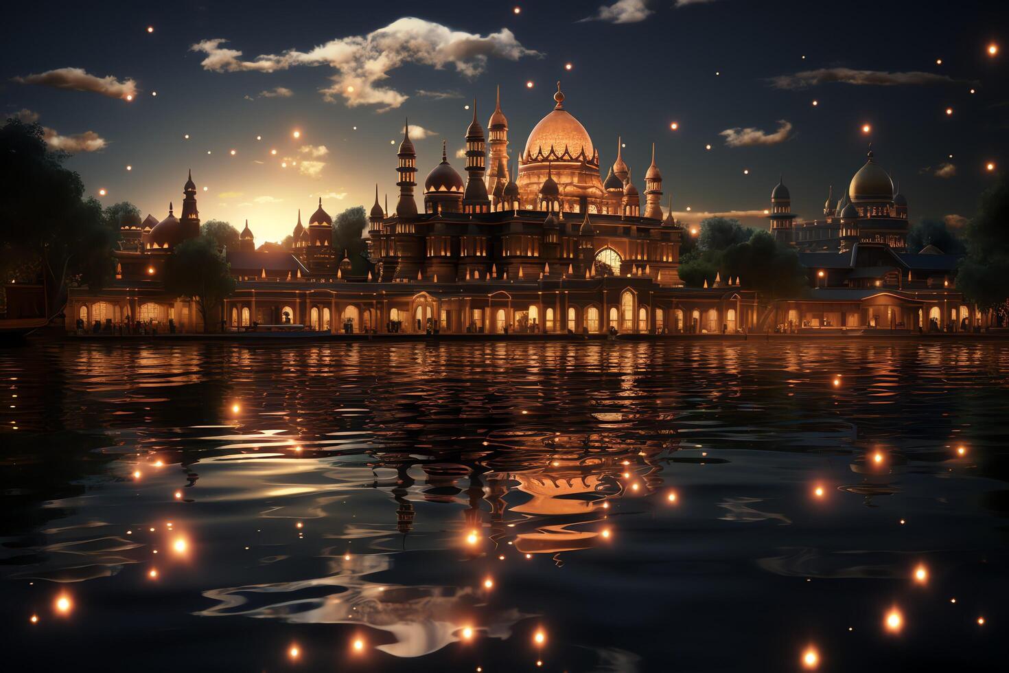 Awesome buildings of mosque in ramadan vibes. Ramadan kareem eid mubarak islamic mosque concept by photo