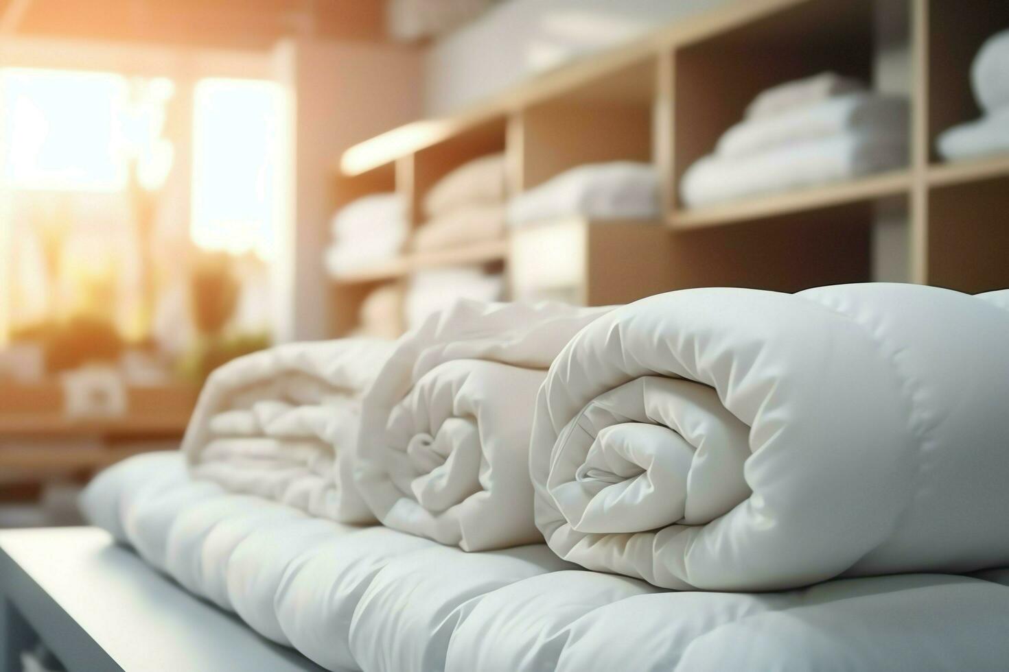 Beautiful luxury comfortable white pillow and blanket on bed decoration. Luxury white down comforter concept by AI Generated photo