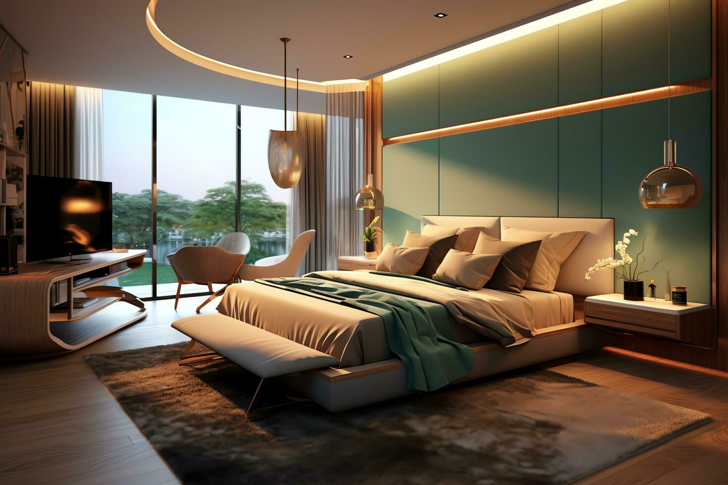 Modern bedroom interior design in apartment or house with furniture. Luxury bedroom scandinavian concept by AI Generated photo