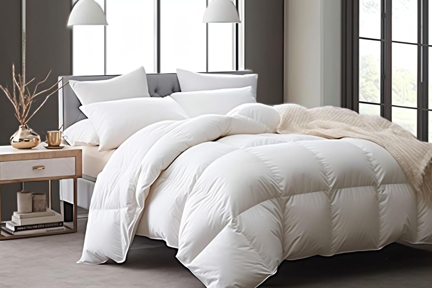 Beautiful luxury comfortable white pillow and blanket on bed decoration