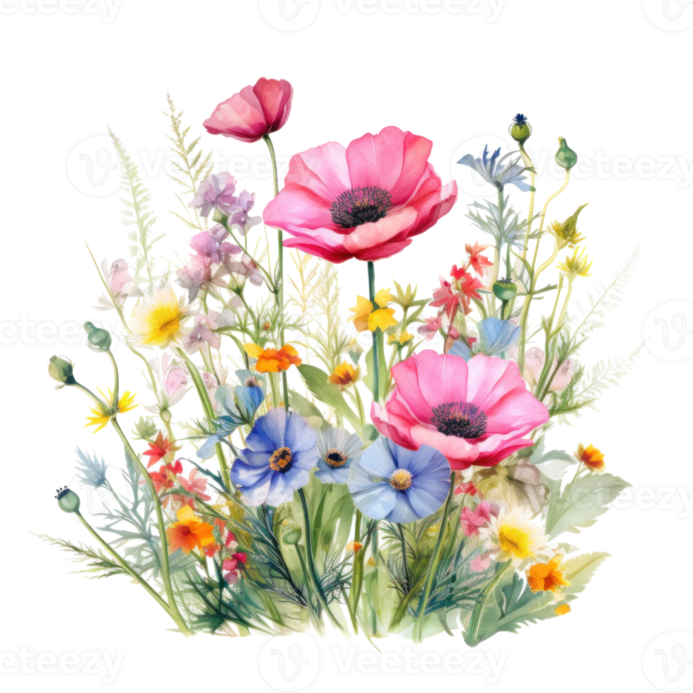 Colorful watercolor spring flowers bouquet png