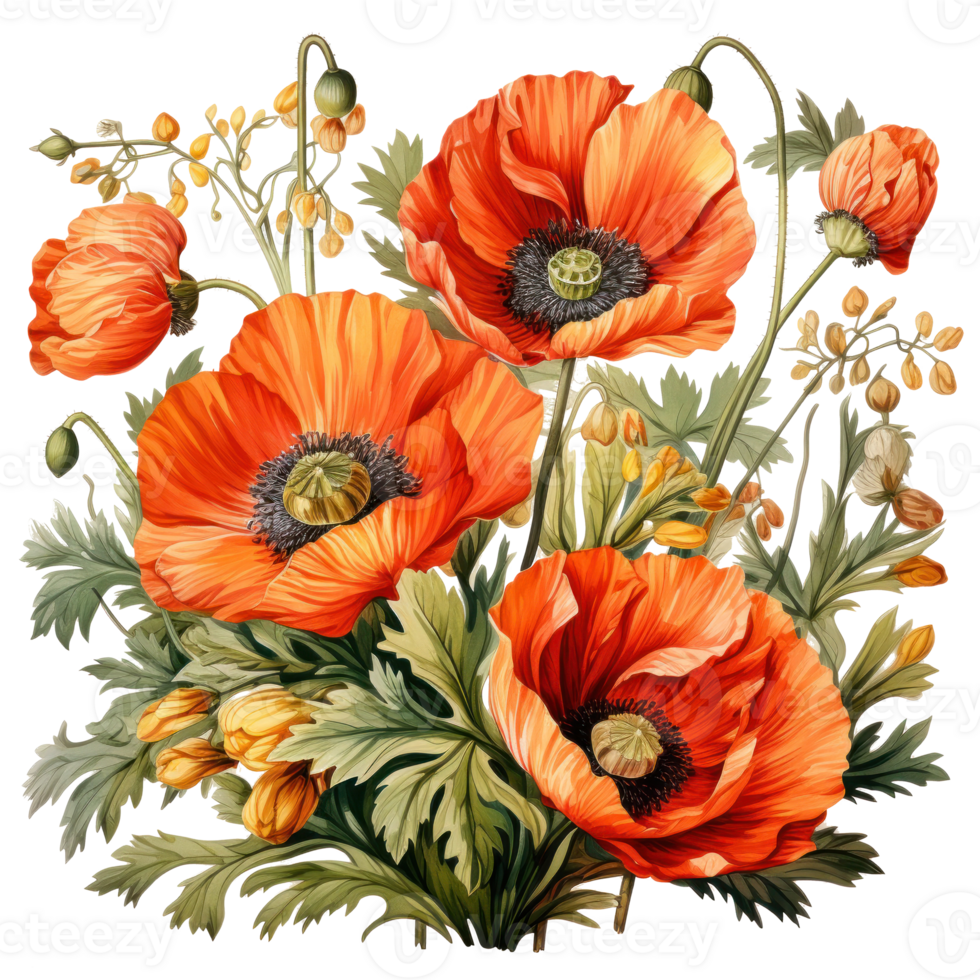 Watercolor poppy flowers background png