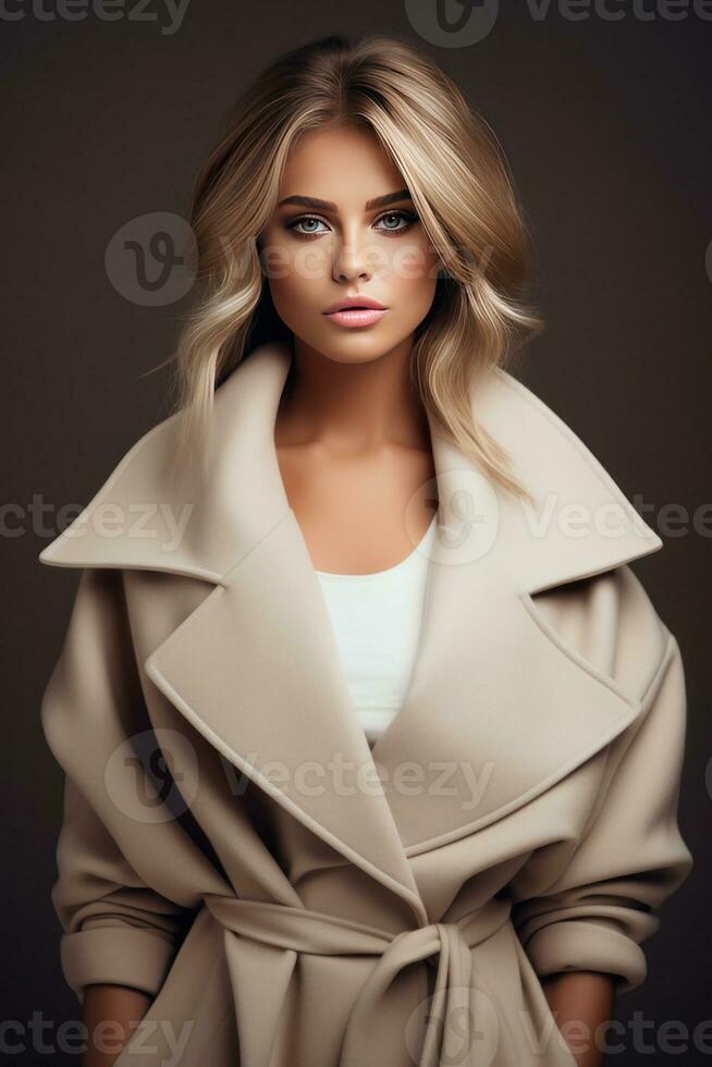 Fashion model girl in beige coat photo