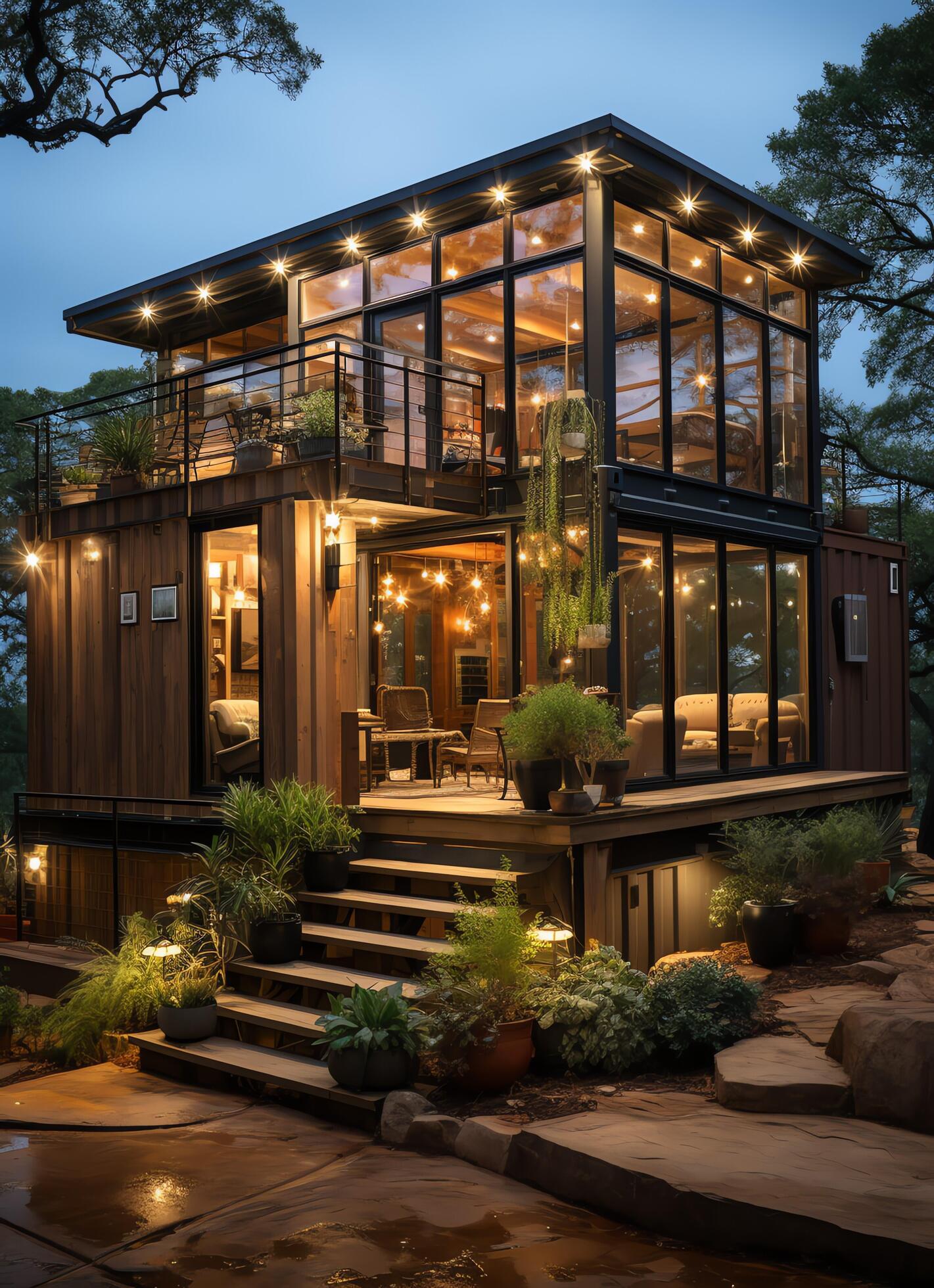 A container home building on a plot of land. 2 storey modern container