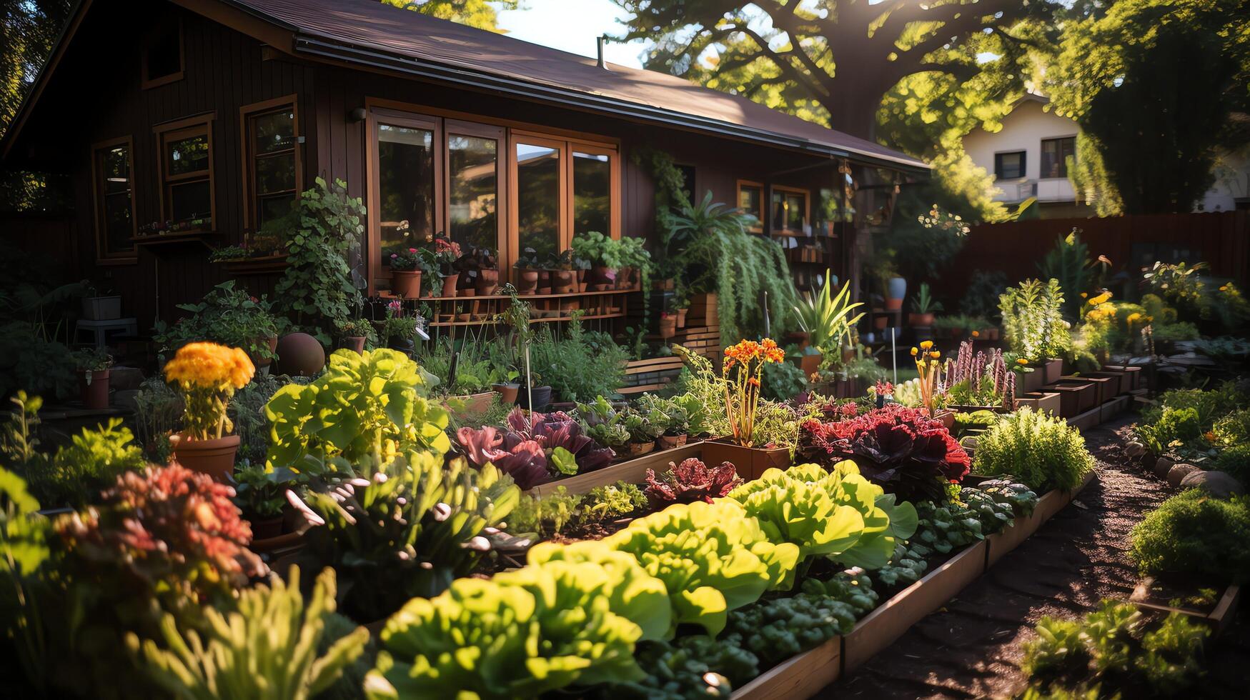 Wooden house in village with plants and flowers in backyard garden. Garden and flower on rural house concept by photo