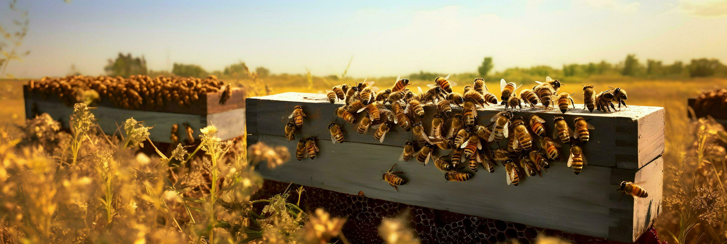 Bee or honeybee, honey comb, background photo