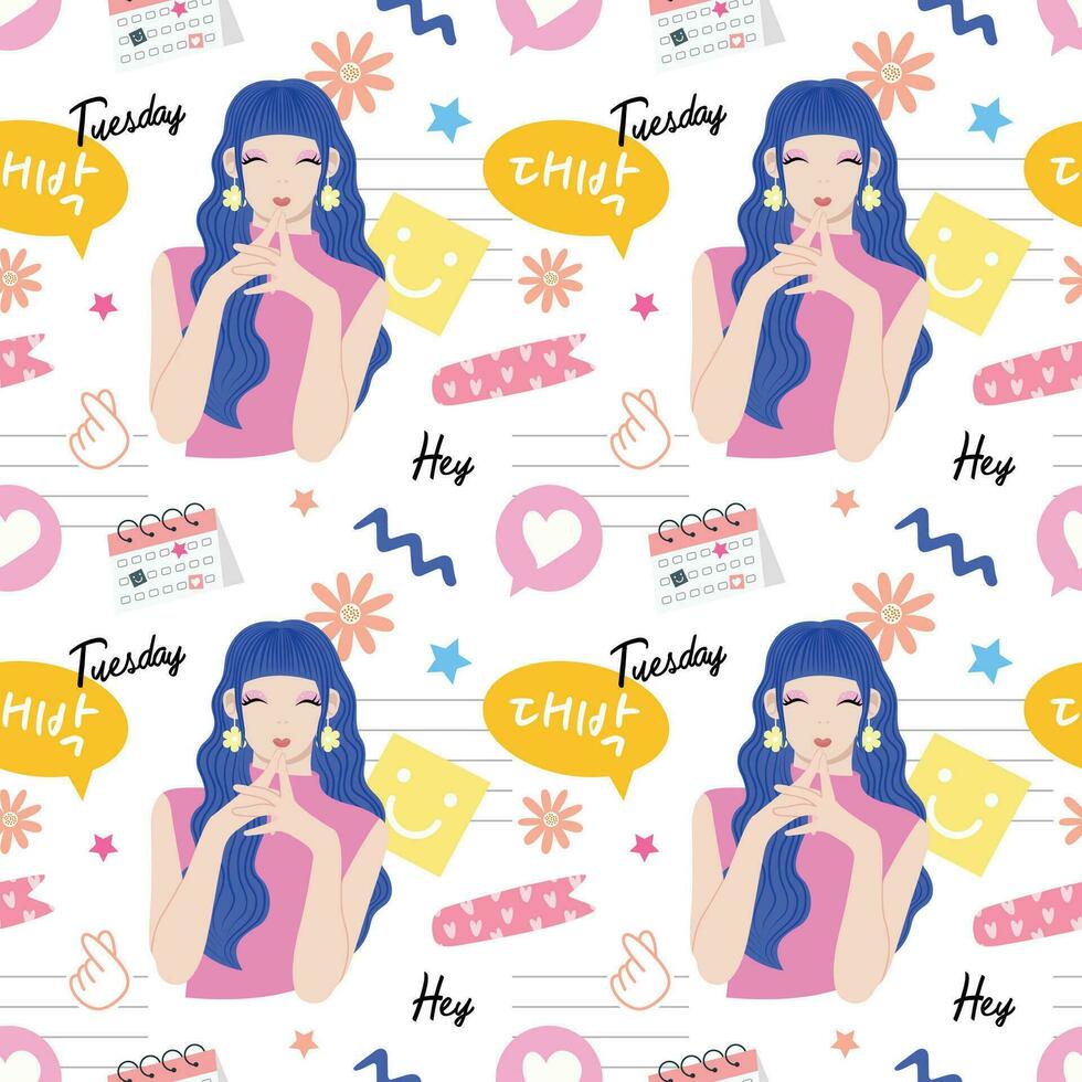 Flat seamless pattern with pretty fashion girl in blue hair vector