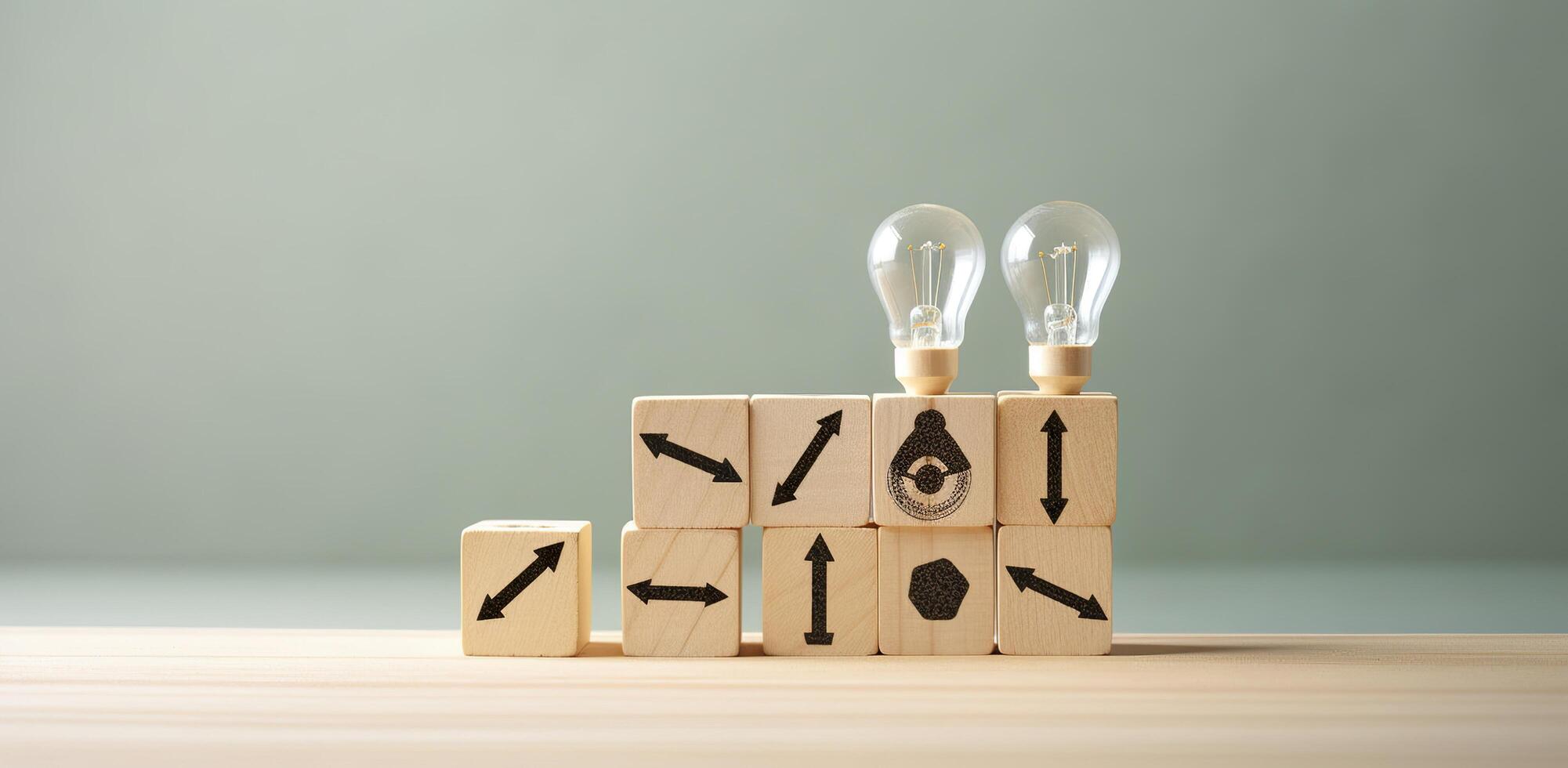 Creative idea, solution and innovation concept. Idea generation for business development. Wooden cube blocks with light bulb and cycle icons on clean background and copy space. photo