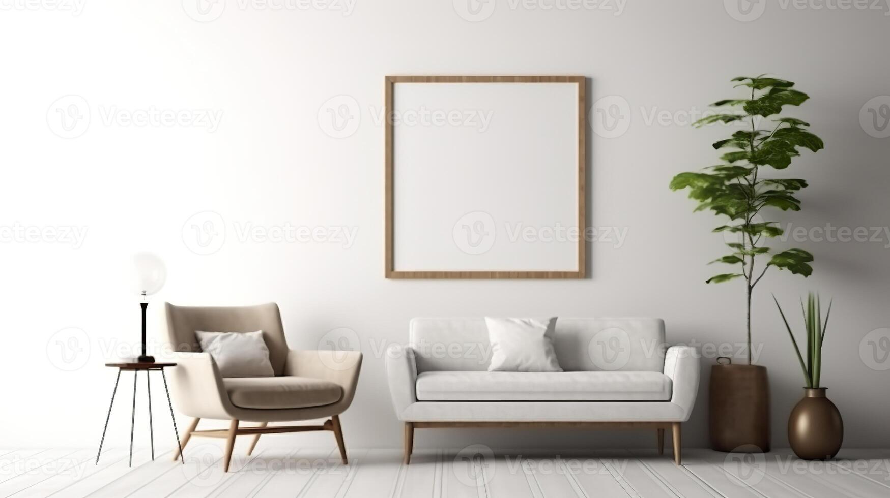 Modern cozy mock up and decoration furniture of living room and empty canvas frame on the white wall texture background, 3D rendering. photo