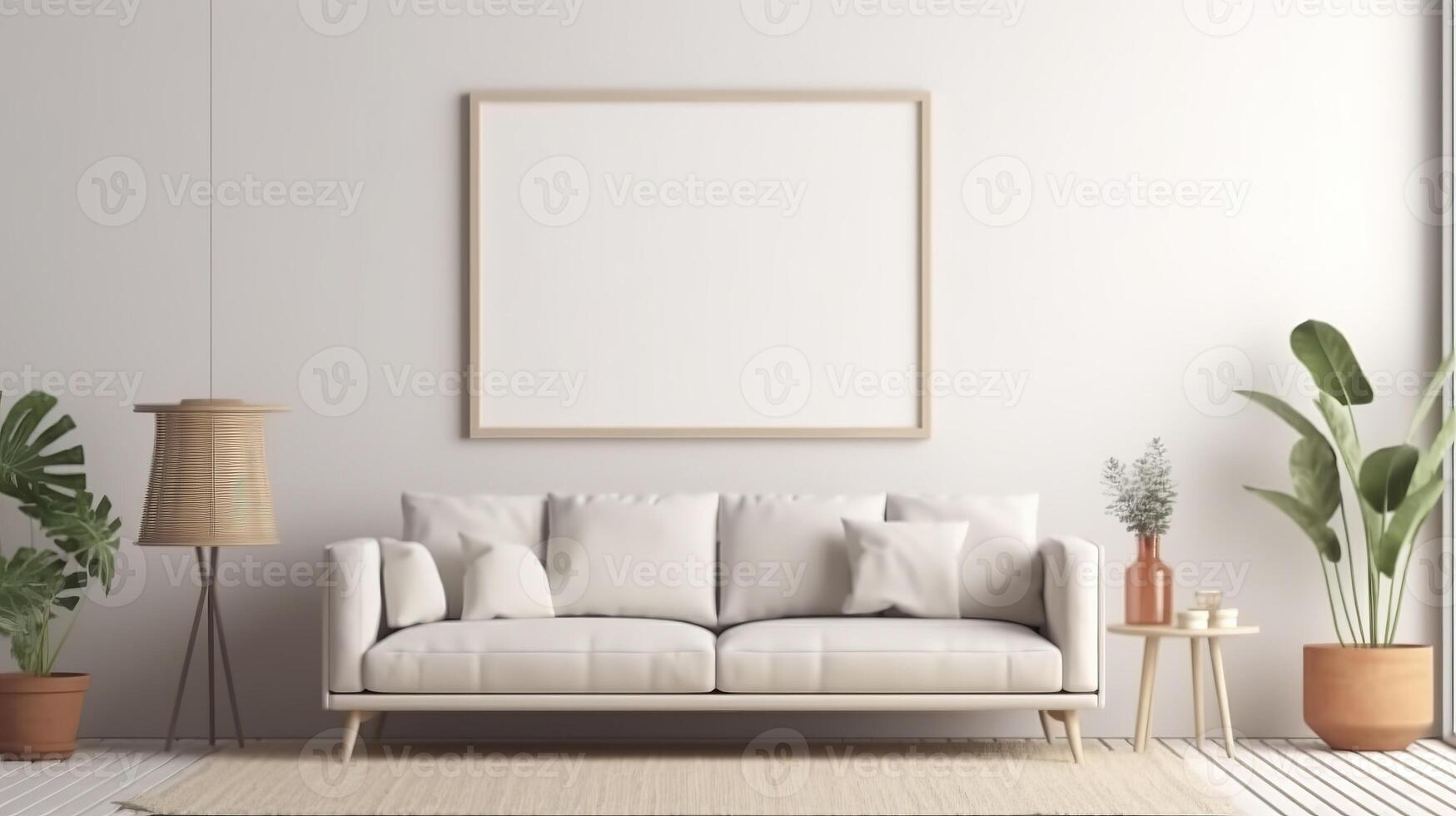 Modern cozy mock up and decoration furniture of living room and empty canvas frame on the white wall texture background, 3D rendering. photo