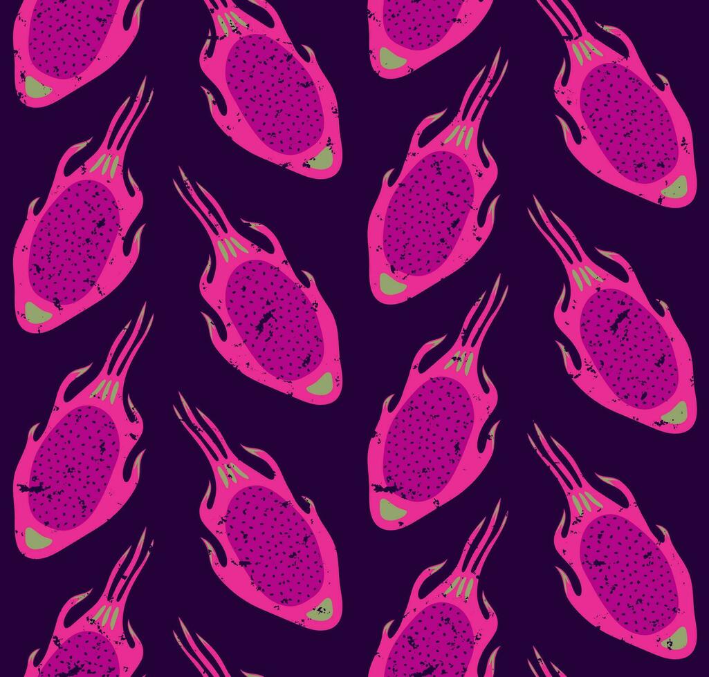 DARK LILAC VECTOR RETRO SEAMLESS BACKGROUND WITH BRIGHT PINK DRAGON FRUIT SLICES IN POP ART STYLE