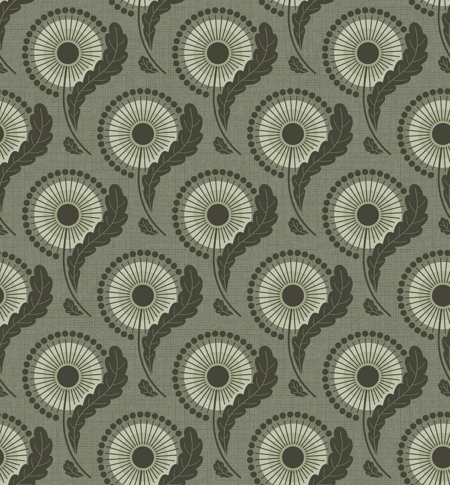 OLIVE GREEN TEXTURED VECTOR SEAMLESS BACKGROUND WITH BLOOMING DANDELIONS IN ART NOUVEAU STYLE