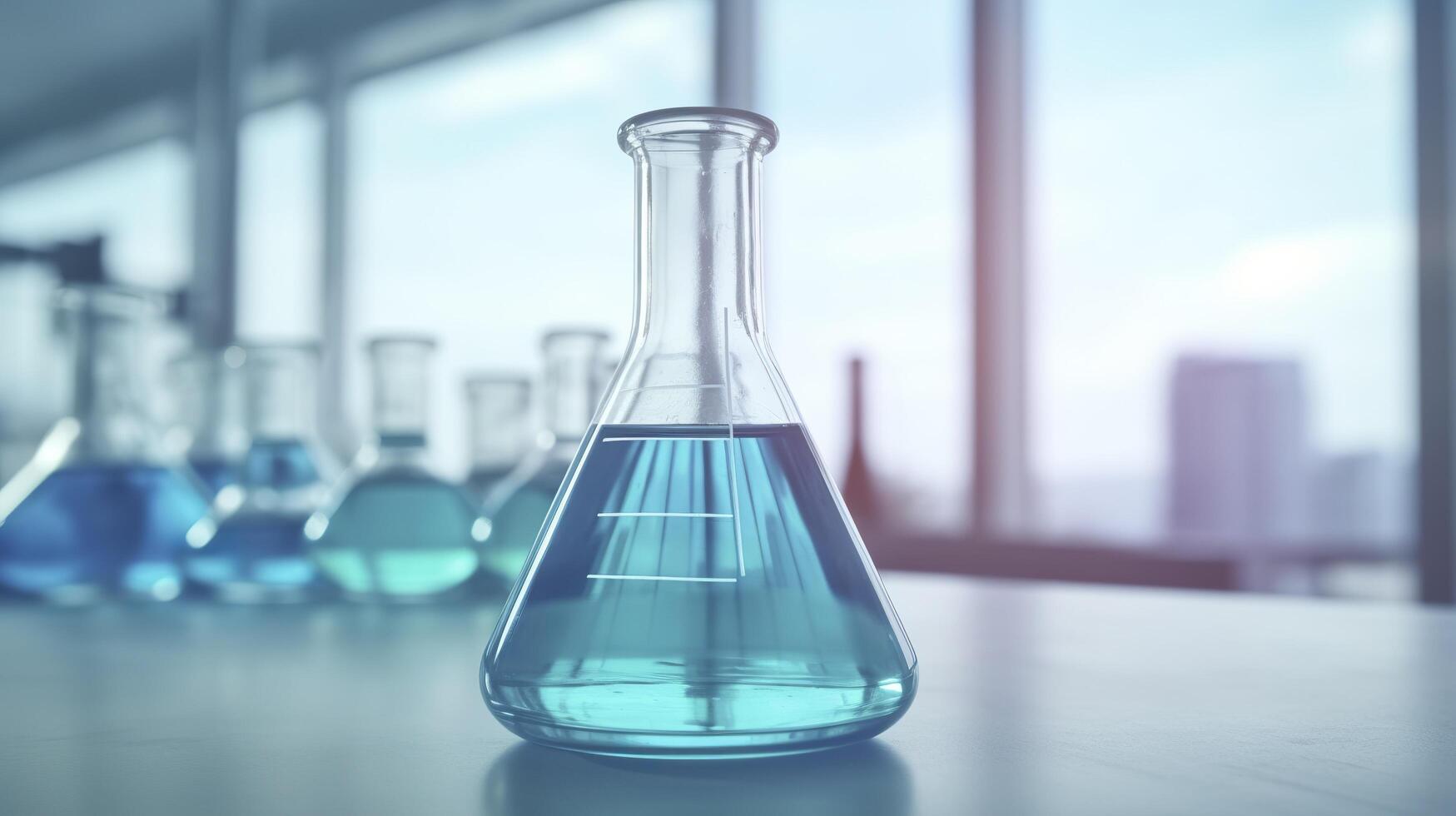 A Science Beaker in the laboratory on a table white and light blue background. laboratory equipment out of focus. photo