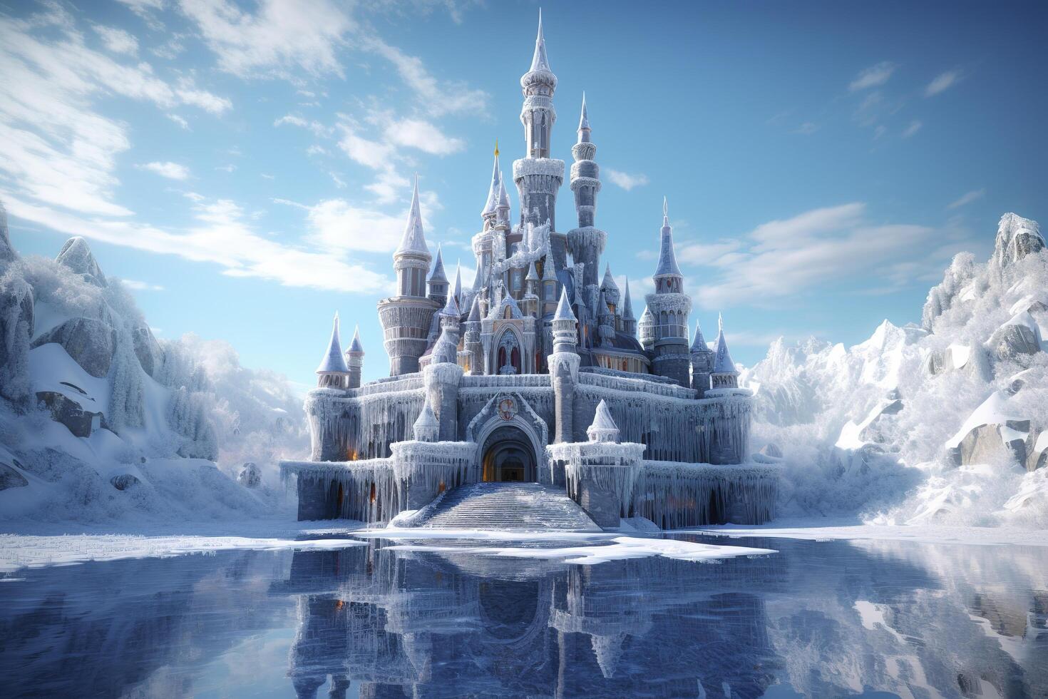A Snowy Wonderland, A 3D Rendering of Elsa Castle in a Blue Snowy Mountain Background. photo