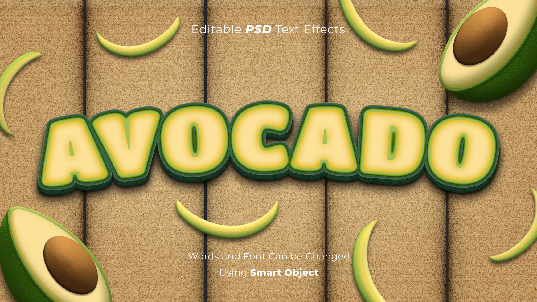 Editable Avocado PSD Text Effect with Slice of Avocados on a Wooden Table Background