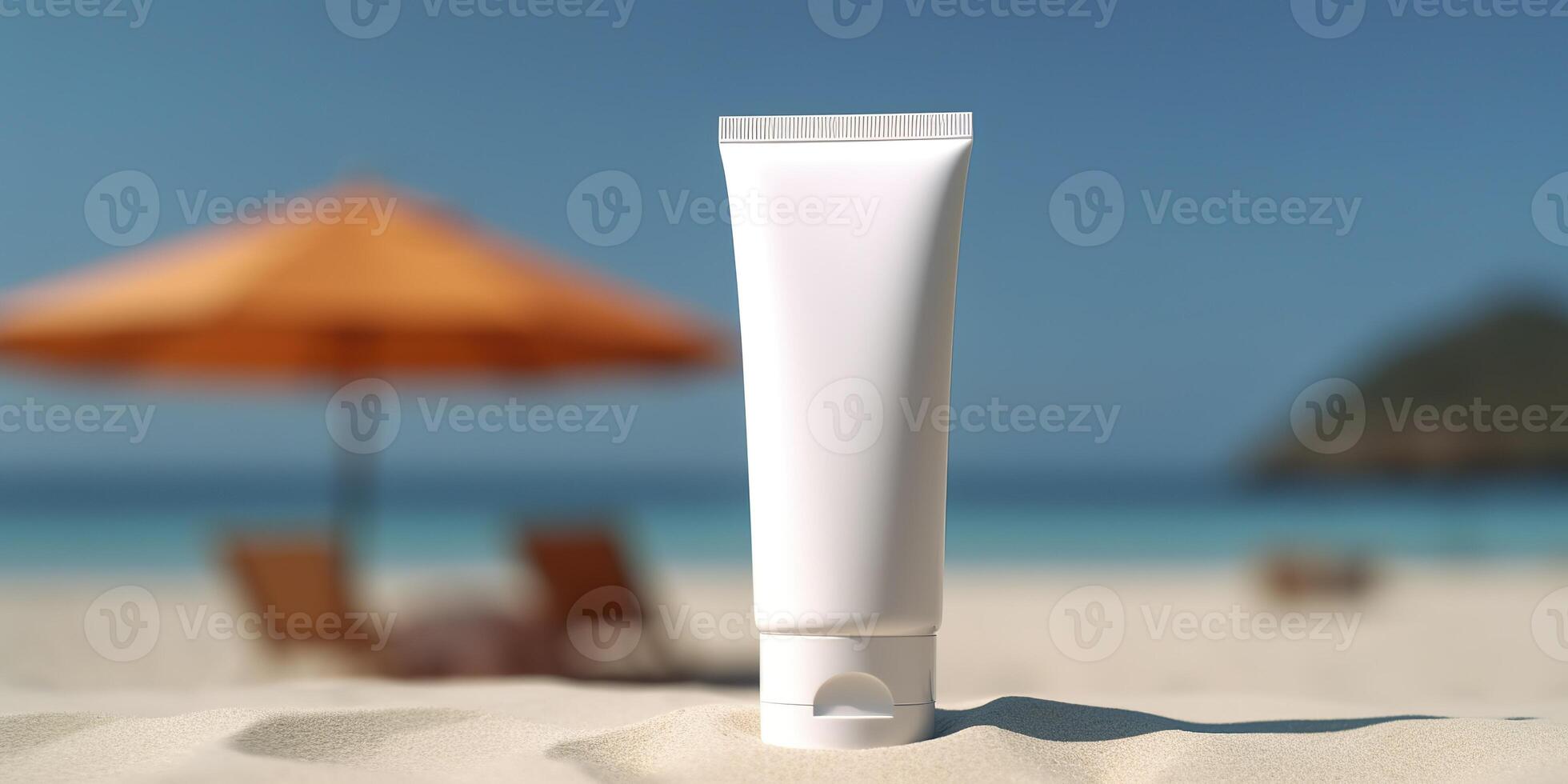 Blank empty white plastic tube. Sunscreen lotion on a sandy beach, summer composition with sunglasses, blue sea as background, copy space. Summer vacation and skin care concept, photo