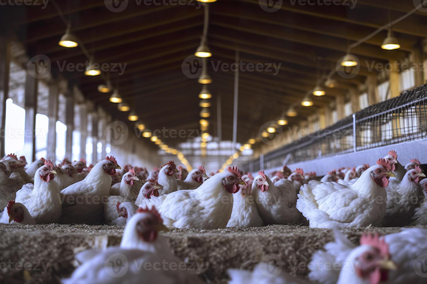 Chicken Farm for growing broiler chickens to the age of one and a half months, AI Generative photo