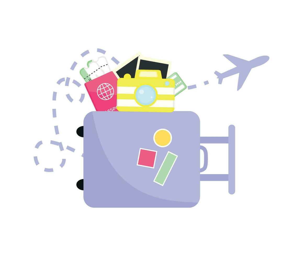 Set of travel items and airplane path vector