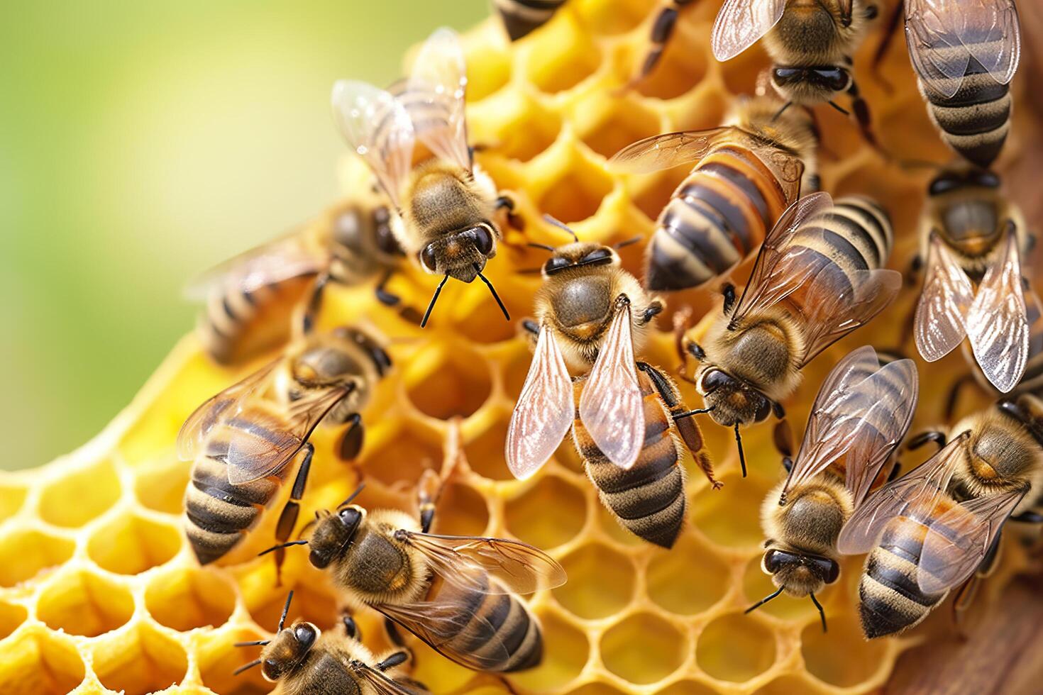 honey bees on honeycomb in apiary in summertime, Honey bees communicate with each other, photo
