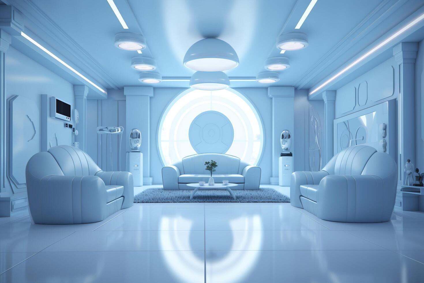 A professional and eye catching light blue with white living room in the metaverse, futuristic, photo