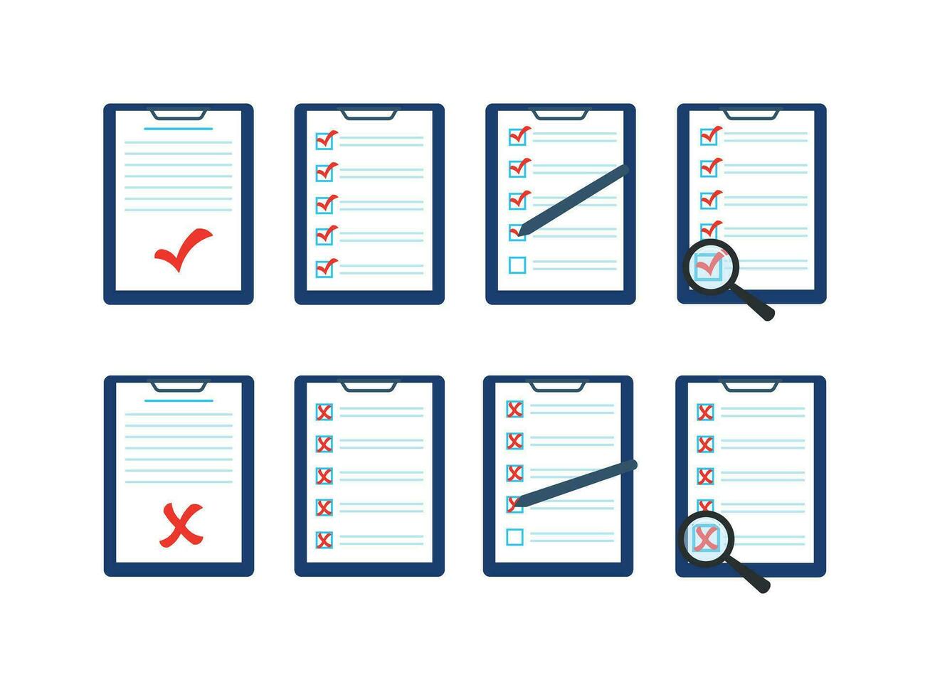 Set of document icons marked with a red check mark and a cross vector