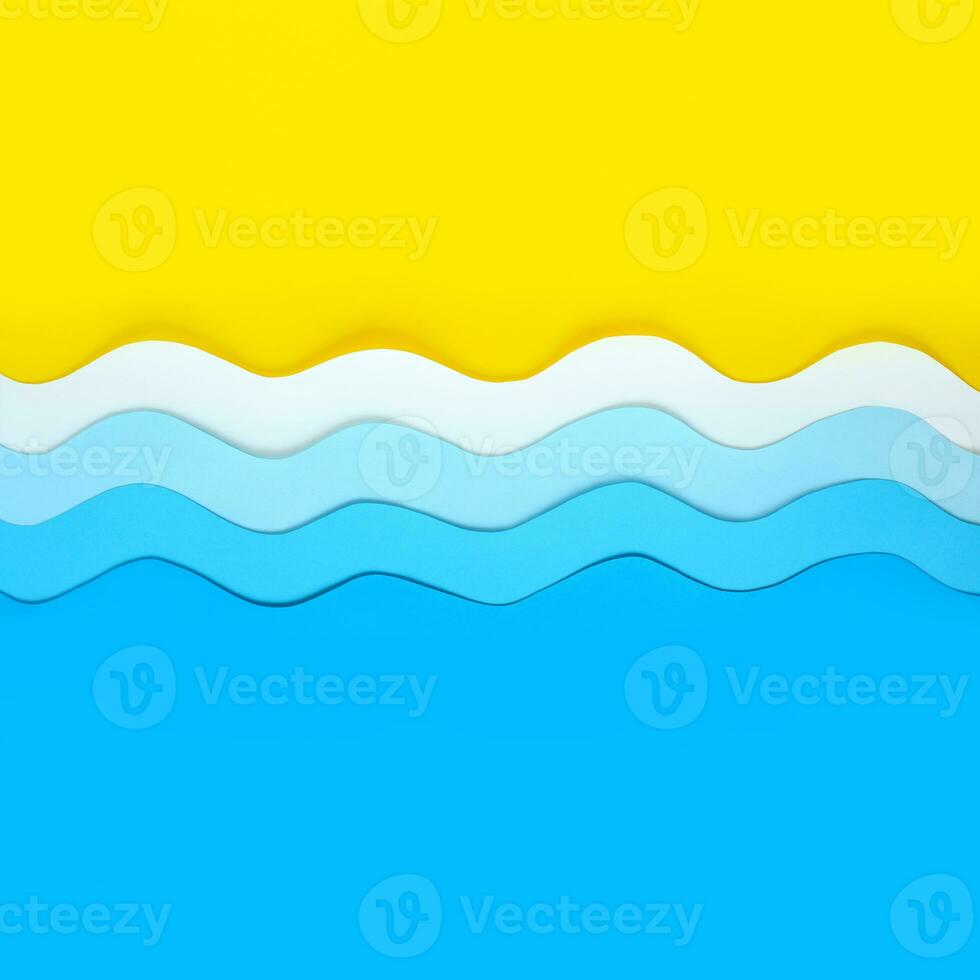 Square seashore background. Summer sea holidays concept. Yellow beach sand at top and and paper cut blue waves at the bottom. The ocean coast layout. Place for your text. photo