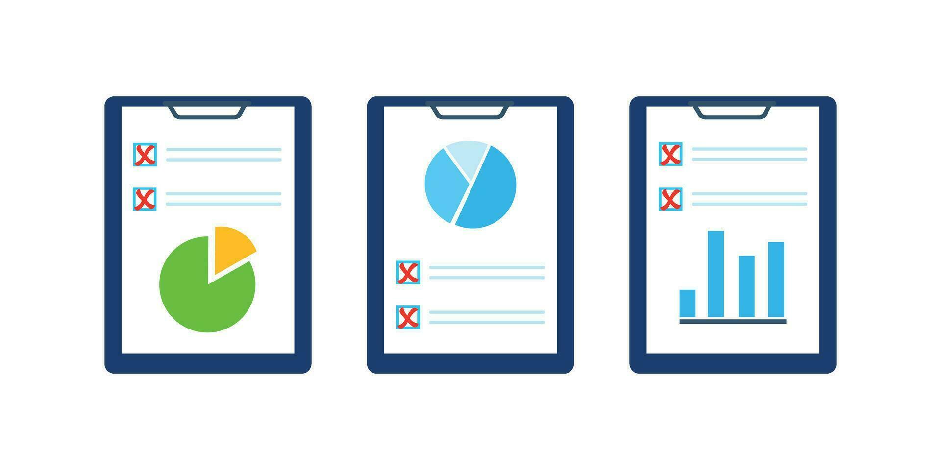 Set of document icons with a pie chart, a graph marked with a red cross vector