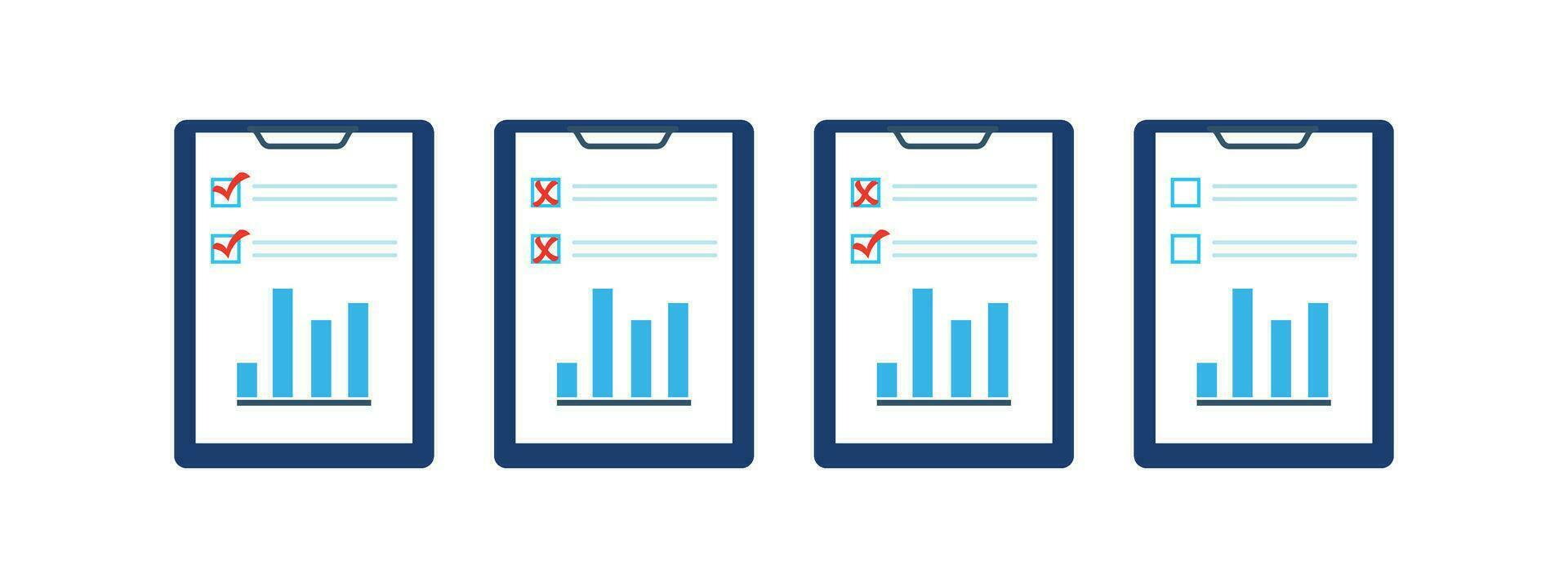 Set of document icons with graph marked with red tick and crosses vector