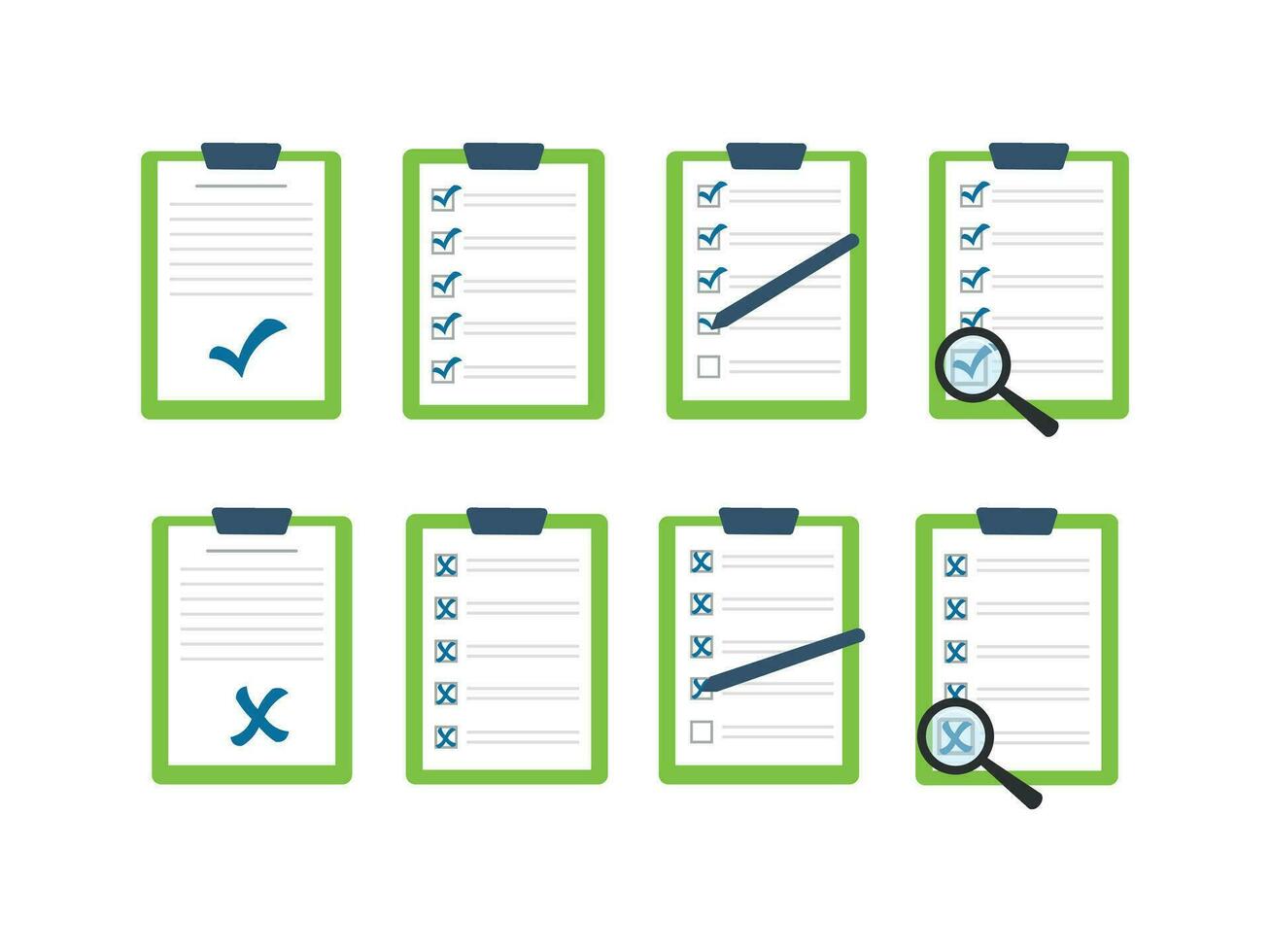 Set of document icons marked with a blue check mark and a cross vector