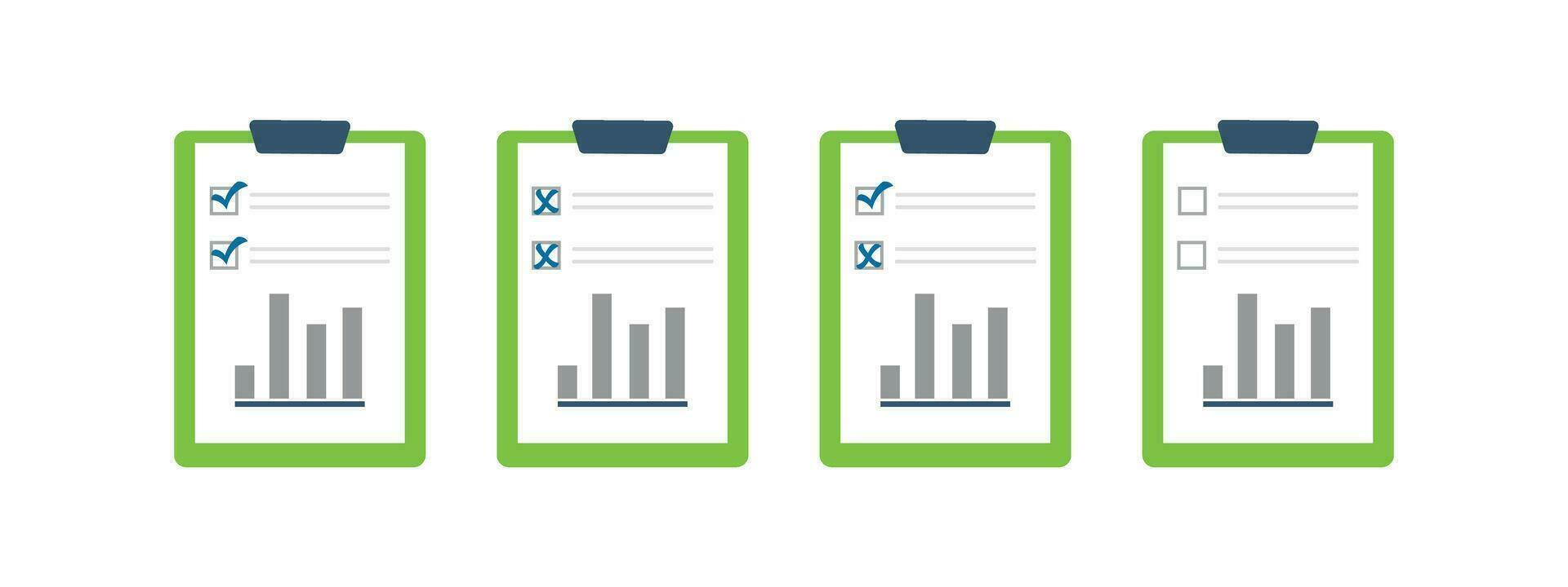 Set of document icons with graph marked with a blue check mark and crosses vector
