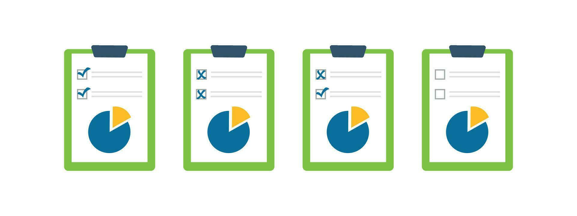 Set of document icons with a pie chart, graph marked with a blue check mark and crosses vector