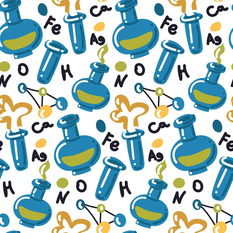 Seamless pattern with glass flasks and chemical elements. Back to school. Background for a chemistry lesson. Flasks with liquids for experiments. Printing on the package vector