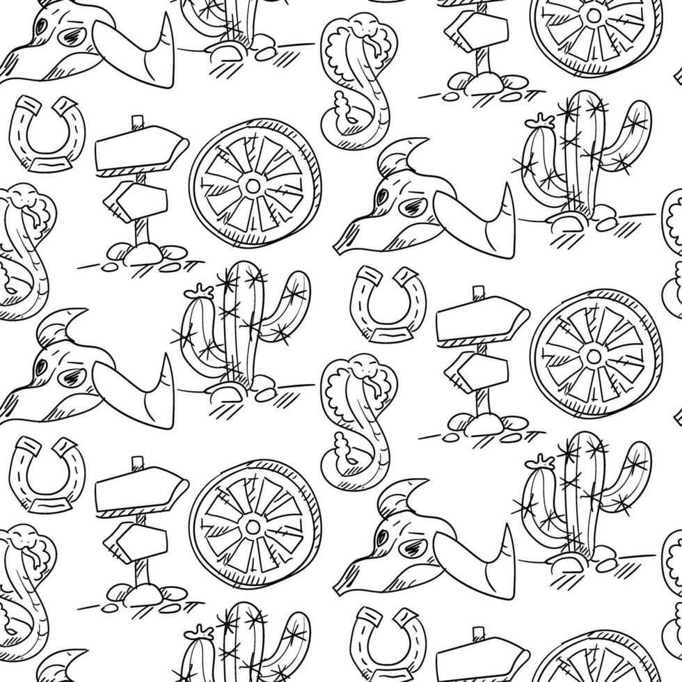 Contoured black and white pattern in western style, cowboy. Desert, wheel, cobra, cactus, direction, bull. Seamless vector for printing on paper and textiles. Thematic packaging. Western Party
