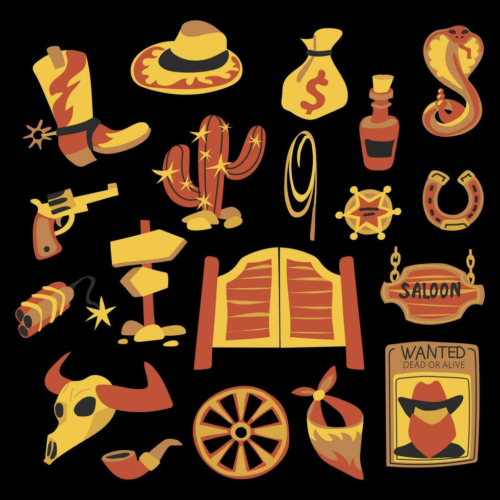 Elements of the wild West in a modern flat style on black. Vector illustration cowboy boot, hat, saloon doors and sign, bandana, bull skull, revolver, cactus, bottle, dynamite, revolver, sheriff's
