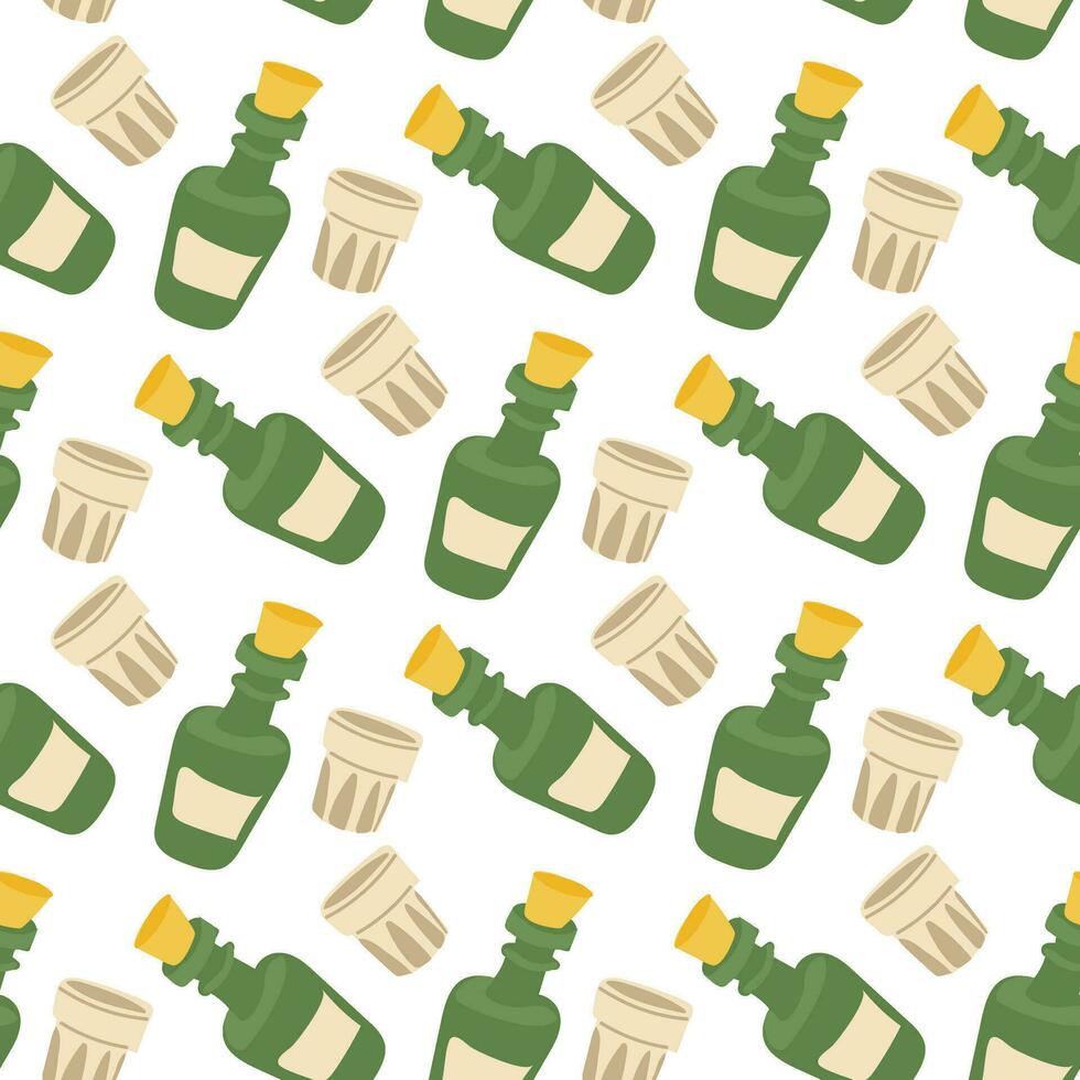 A pattern of a cartoon whiskey bottle and a glass in the theme of western, wild west, saloon. Texture for printing on textiles and paper. Themed Booze packaging vector