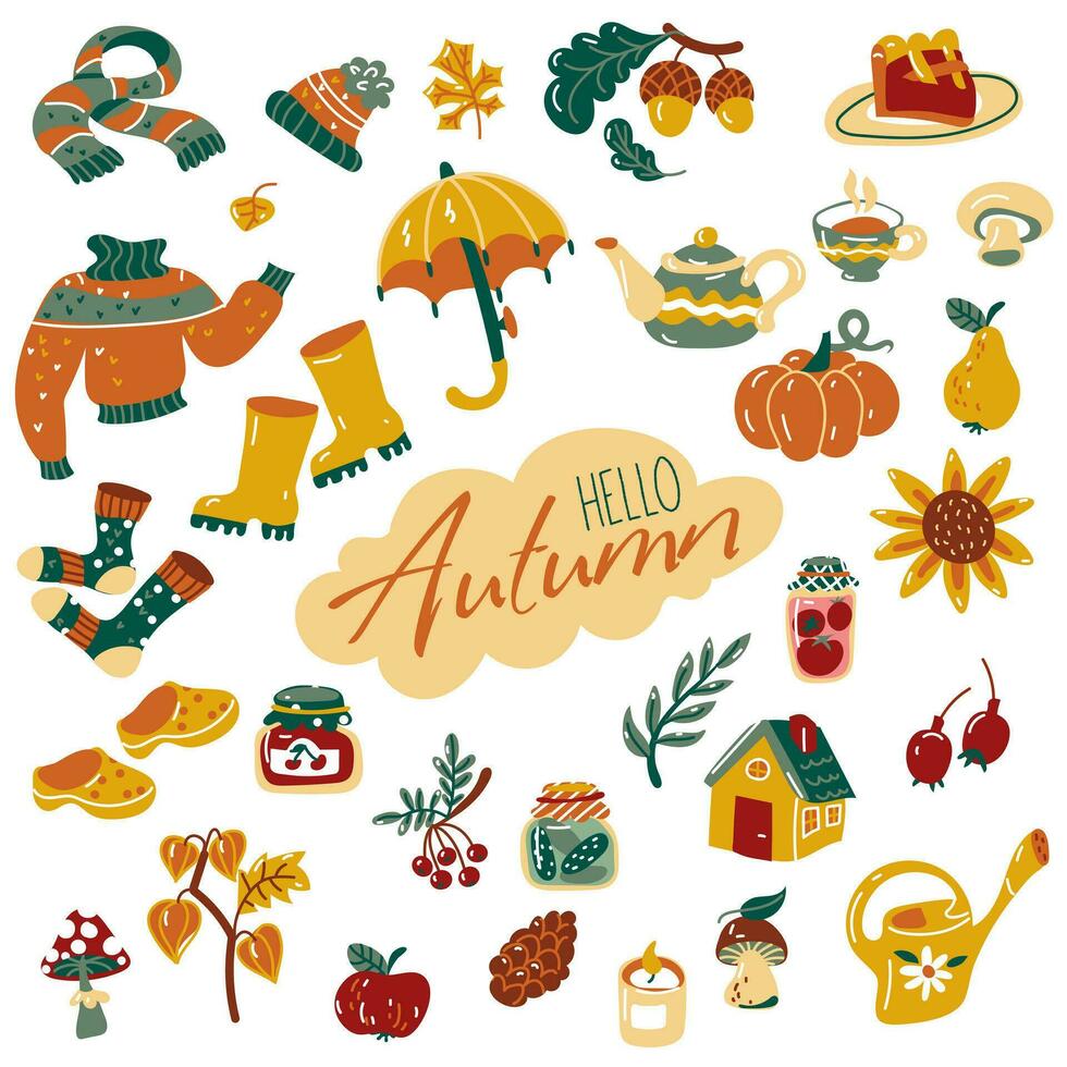 Hello, Autumn. A set of autumn elements. Vector illustration of pumpkin, umbrella, pie, mushrooms, rubber boots, berries, fruits, autumn leaves and much more. A set of stickers on the autumn theme