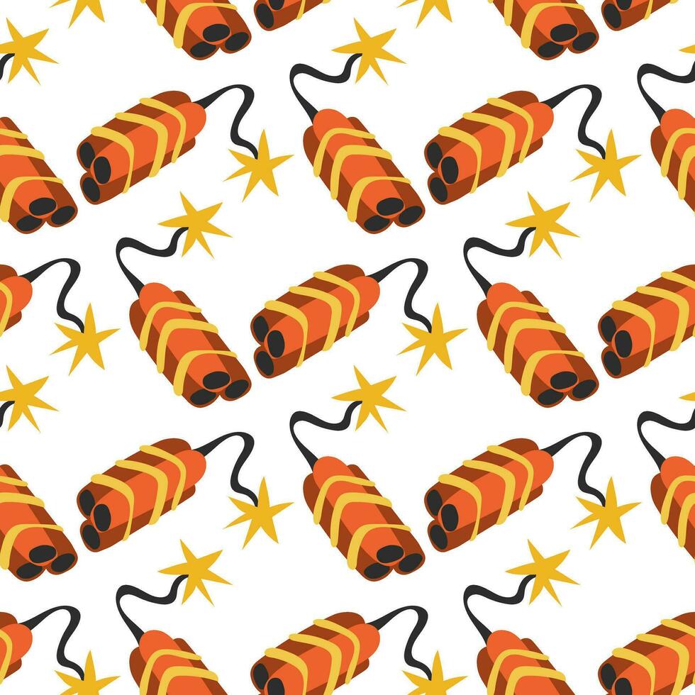 A pattern with cartoon dynamite on a white background. Dynamite sticks bound and lit. Future explosion. The theme of the western and the robbery. Printing on textiles and paper. Seamless for ackaging vector