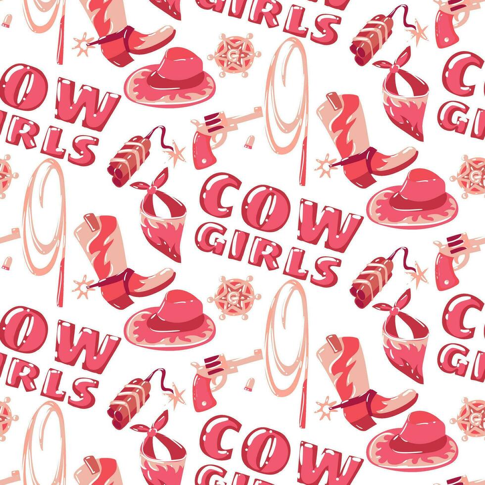 A pattern in the form of cartoon pink cowgirl boots, dynamite, a hat, a sheriff's badge and a revolver. Background for the party. The fashionable style of the Wild West. Cowboy western. flat vector