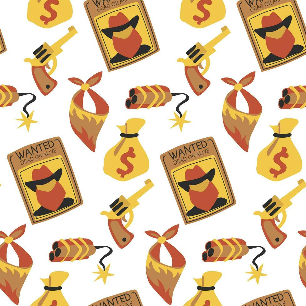 Cowboy seamless pattern with thief theme. Search, money, dynamite, revolver, bandage. Vector flat graphics. Western packaging in shades of the desert. Printing on textiles and paper