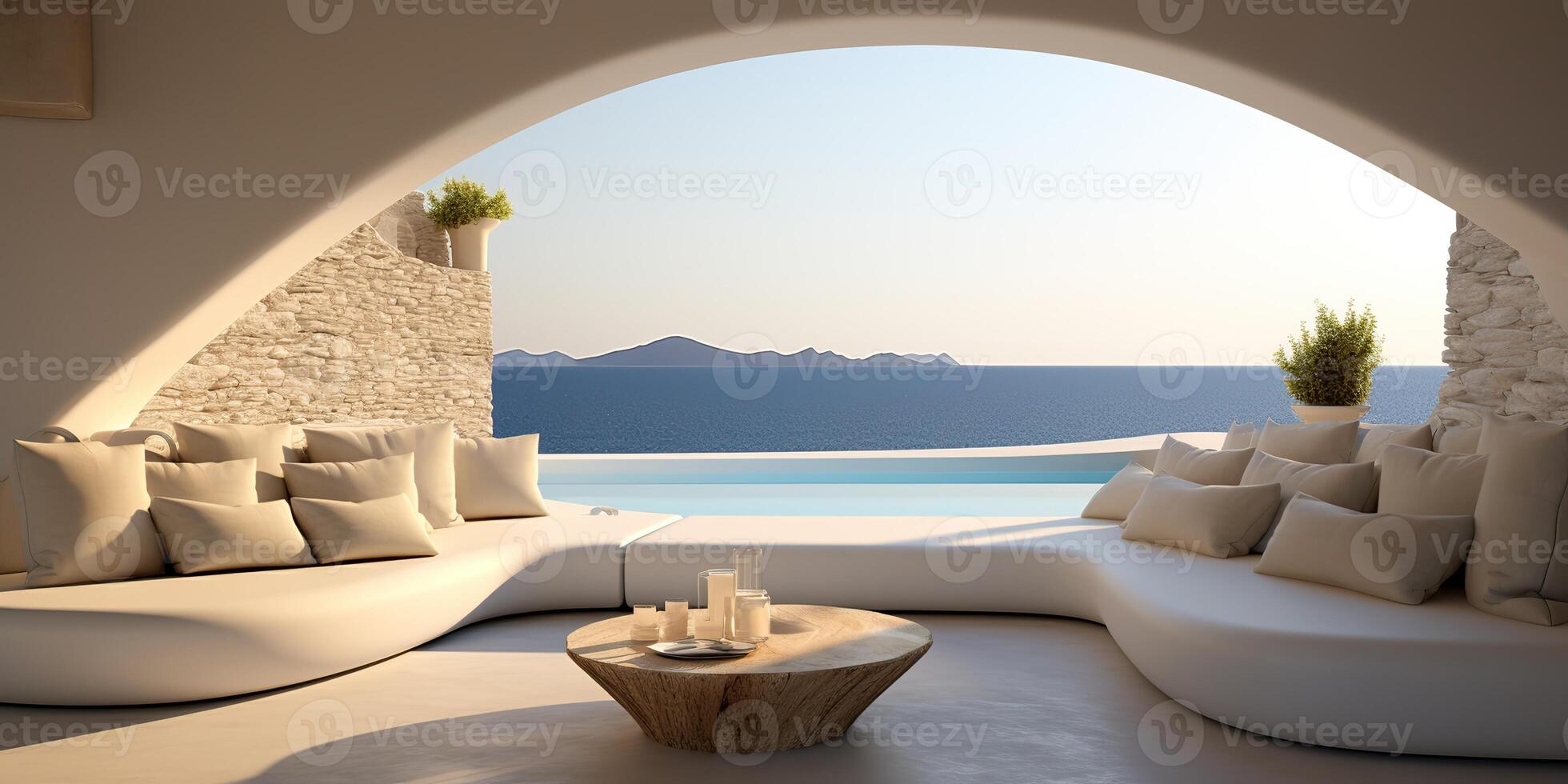 . . Greek island luxury hotel interior architecture design vaction relax time. Adventure chill calm vibe. Graphic Art photo