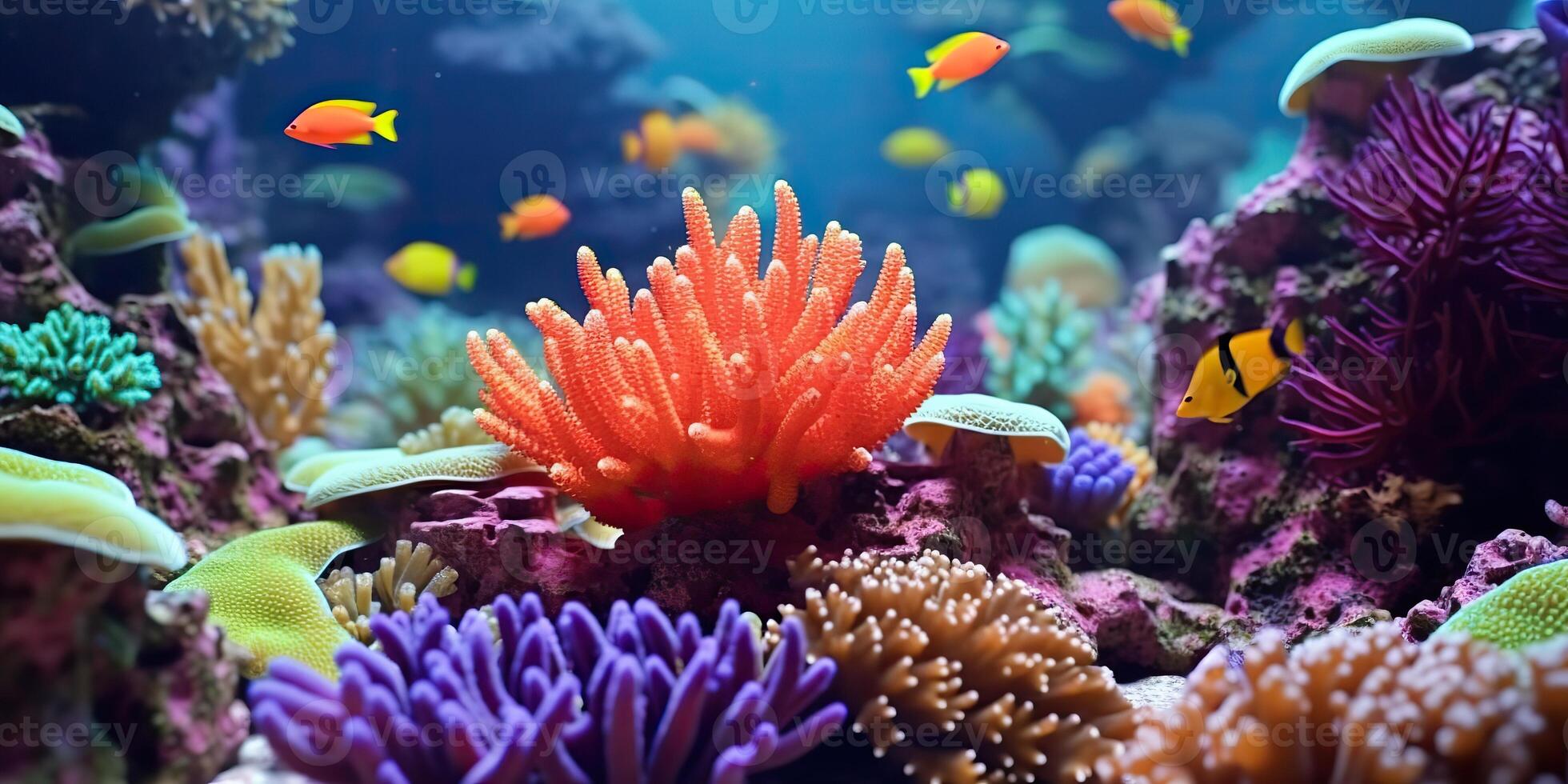 . . Underwater scuba dining scene background. Shell, starfish, coral, fish surface. Adventure vacation explore vibe. Graphic Art photo