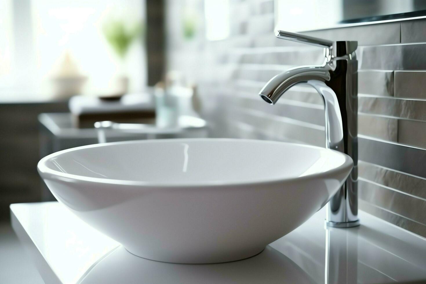 Modern public bathroom with row of white ceramic wash sink basins and faucet with mirror in restroom concept by AI Generated photo