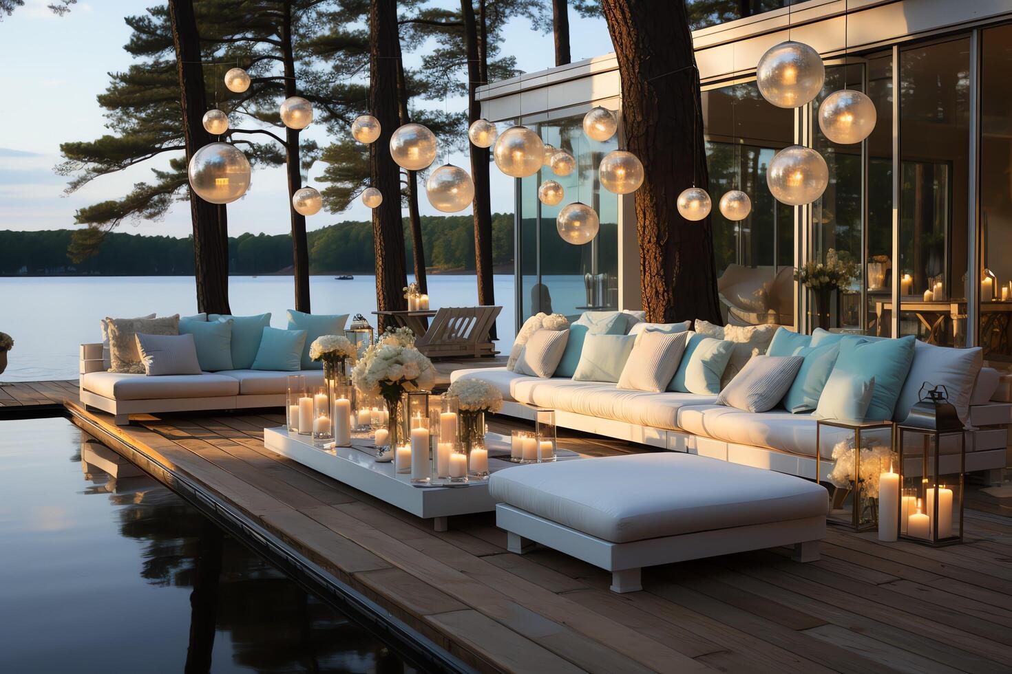 Sea view beach luxury on the beach with couches and cabanas against the sea. Villa or hotel resort concept by photo