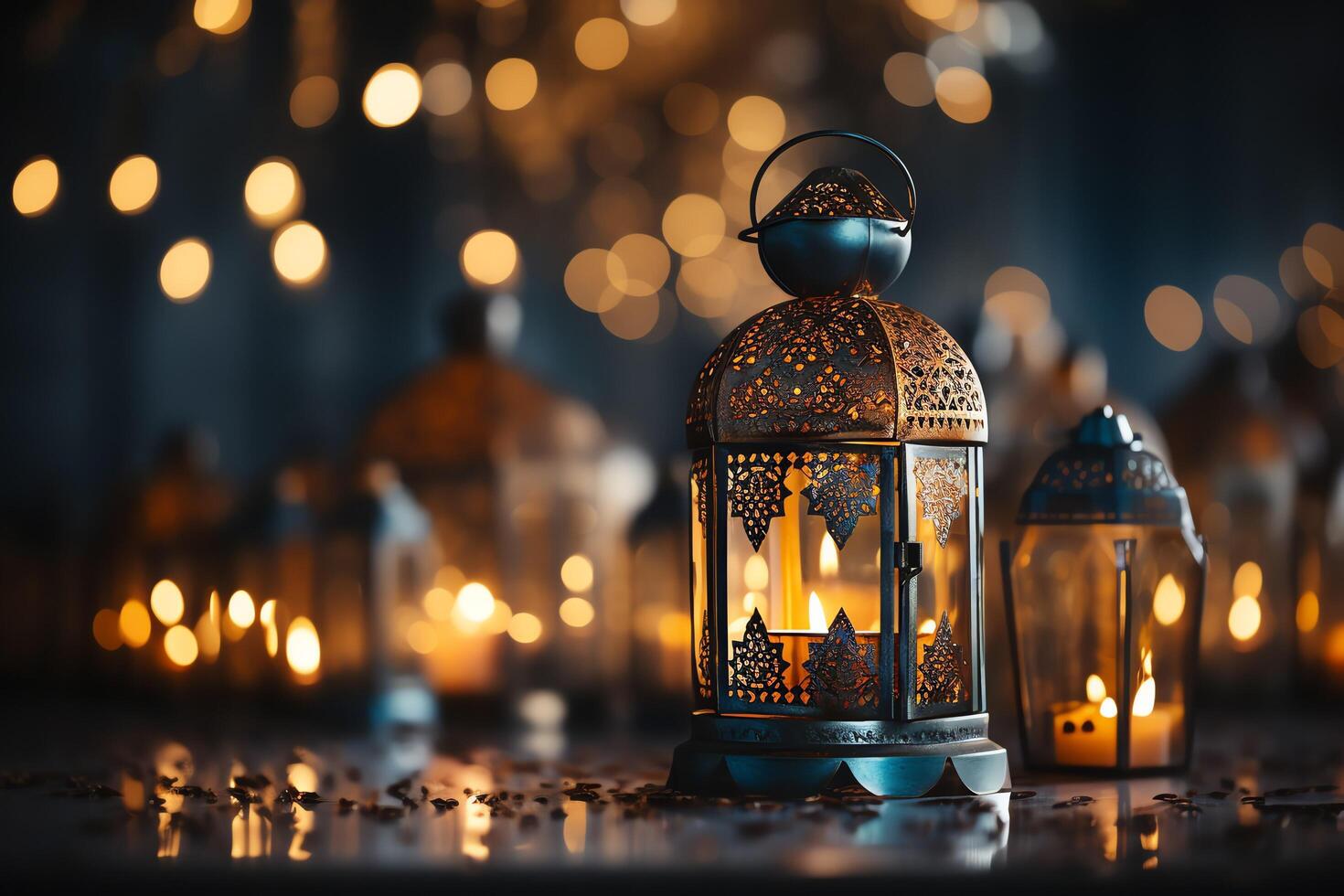 Eid mubarak and ramadan kareem greetings with islamic lantern and mosque. Eid al fitr background. Eid al fitr background of window concept by photo